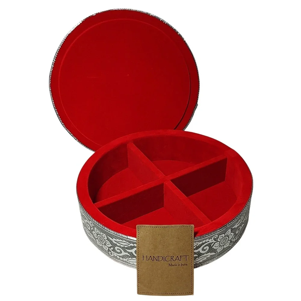 New Handcrafted Jewelry Trinket Box Embossed Birds Aluminum and Red Velvet India